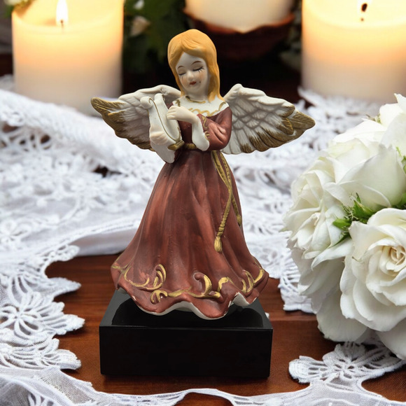 Hand-Painted Tearful Bisque Porcelain Angel with Harp Vintage Rotating Music Box - Picture 1 of 13